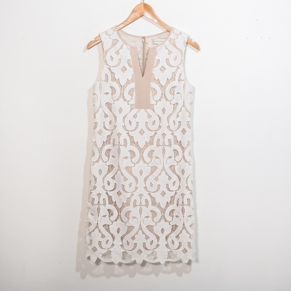 Feminine Cream Tan Nude Lace Dress  KATHERINE KELLY Back Zip Sleeveless 2 XS